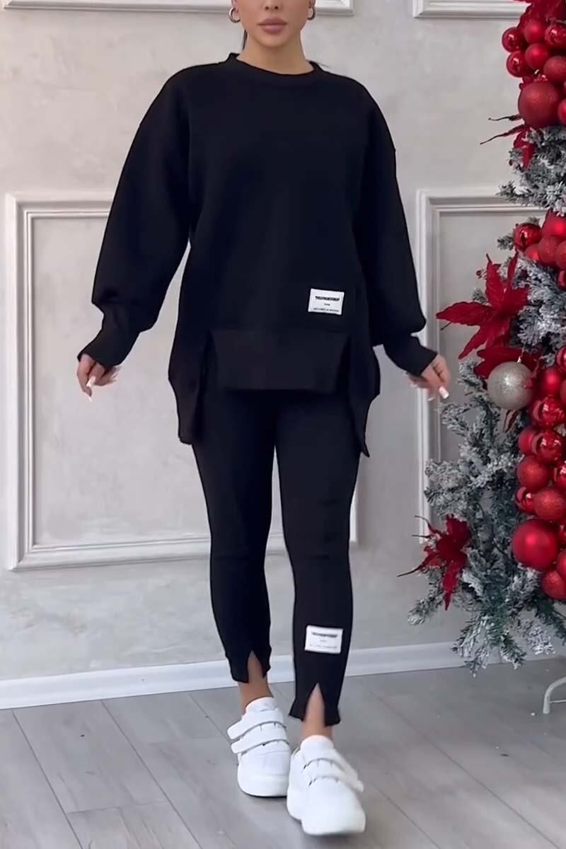 Conjunto feminino casual de cor sólida com gola redonda e manga comprida