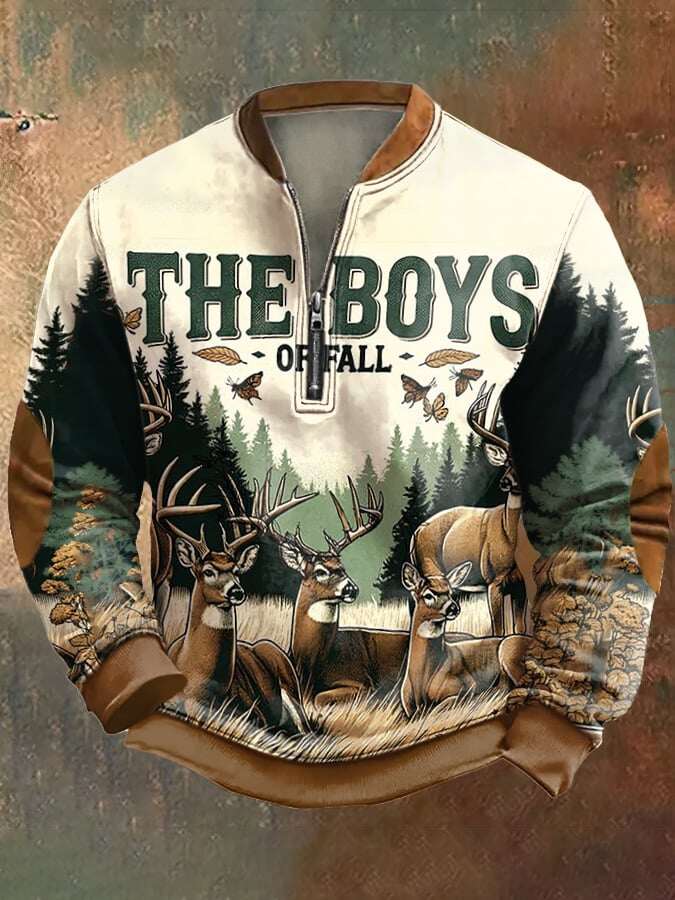 Moletom masculino vintage com estampa de caça ao veado ao ar livre e zíper