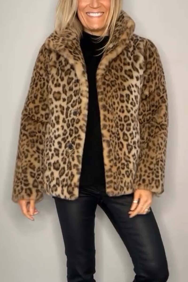 Casaco de inverno feminino elegante feito de pele sintética com estampa de leopardo e lapelas