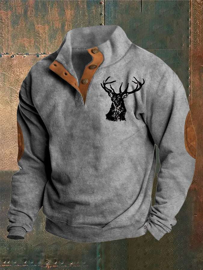 Moletom masculino estilo ocidental com gola alta e botão