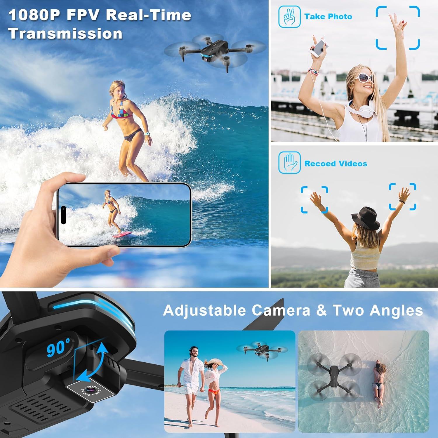 Drone com câmera 1080P HD FPV Drone dobrável para iniciantes e crianças, Quadcopter com controle de gestos de voz com estojo de transporte, decolagem/pouso com uma tecla, posicionamento de fluxo óptico, giro de 360°, voo de ponto de passagem