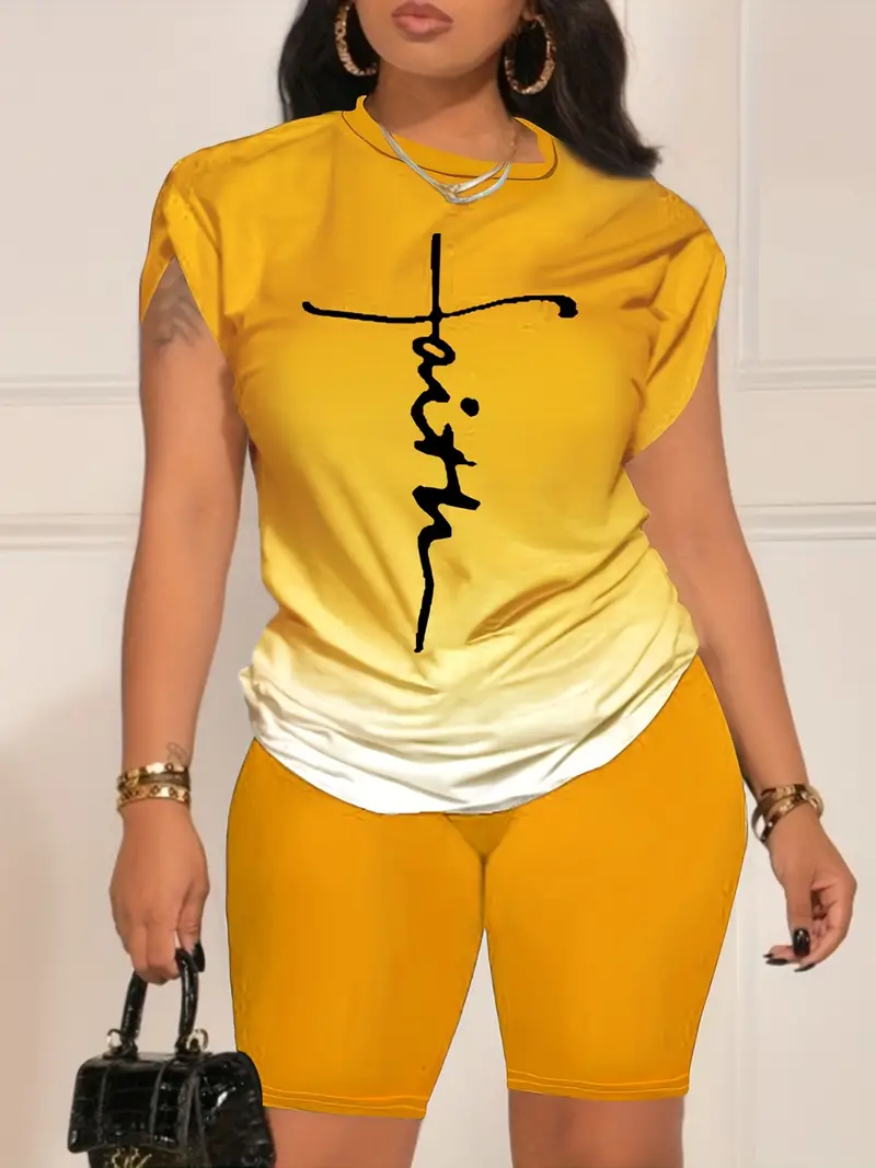 Conjunto casual de duas peças com estampa de letras laranja, gola redonda, manga curta