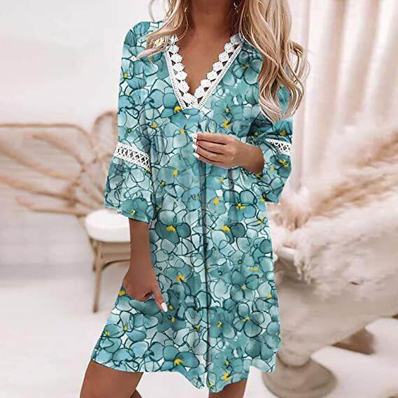 Novo vestido de verão com retalhos de renda estampado em algodão e linho