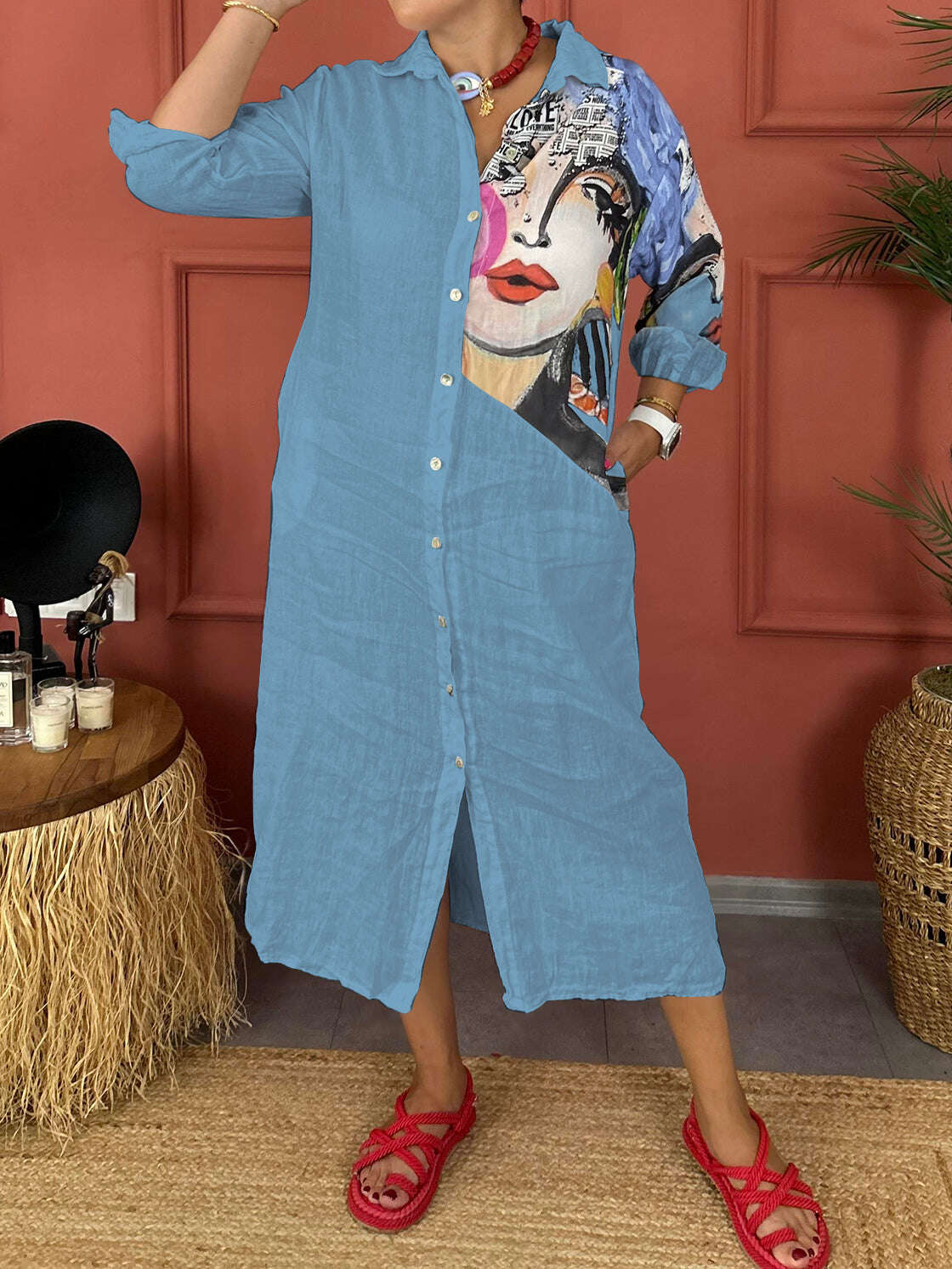Vestido camisa feminino de manga comprida com estampa de rosto feito de algodão e linho