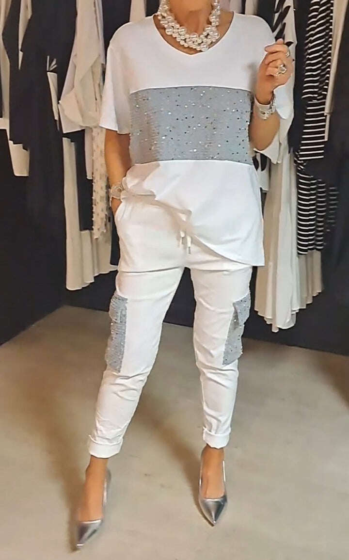 Vestido de duas peças com gola redonda e lantejoulas para lazer