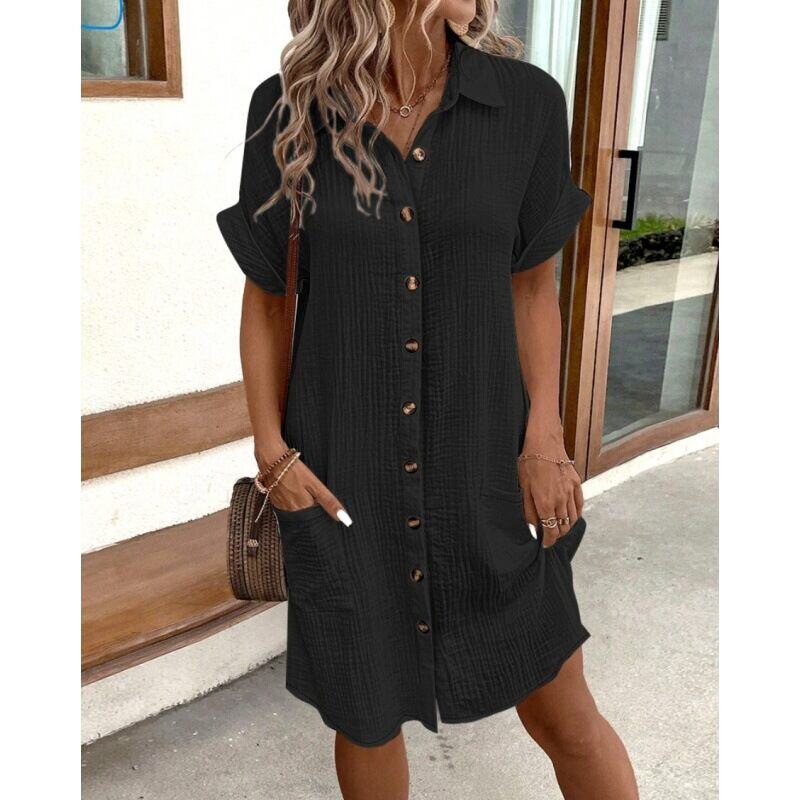 [S-3XL]Vestido camisa simples de verão 2024 com decote em V
