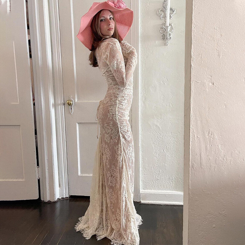 🥰Elegáns vintage csipke rózsaszín csipke kendős maxi ruha
