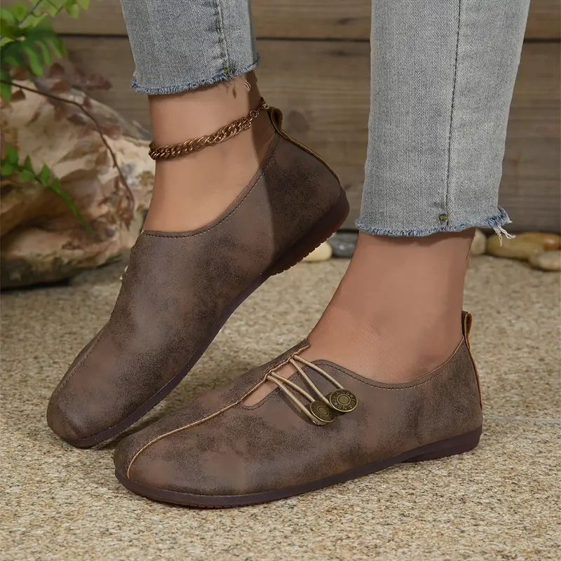 Sapatos femininos elegantes e baixos com sola macia, bico redondo e fivela