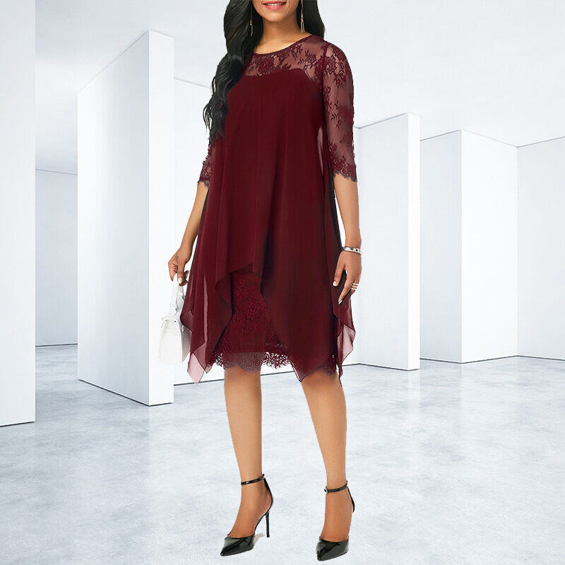 2024 primavera e verão novo estilo elegante saia de chiffon na altura do joelho com costura de renda e manga três quartos