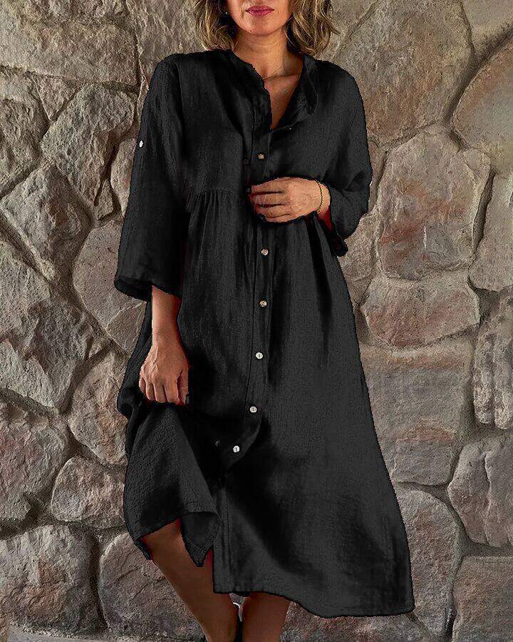 Novo vestido longo casual em algodão e linho de cor sólida com gola mandarim e botões