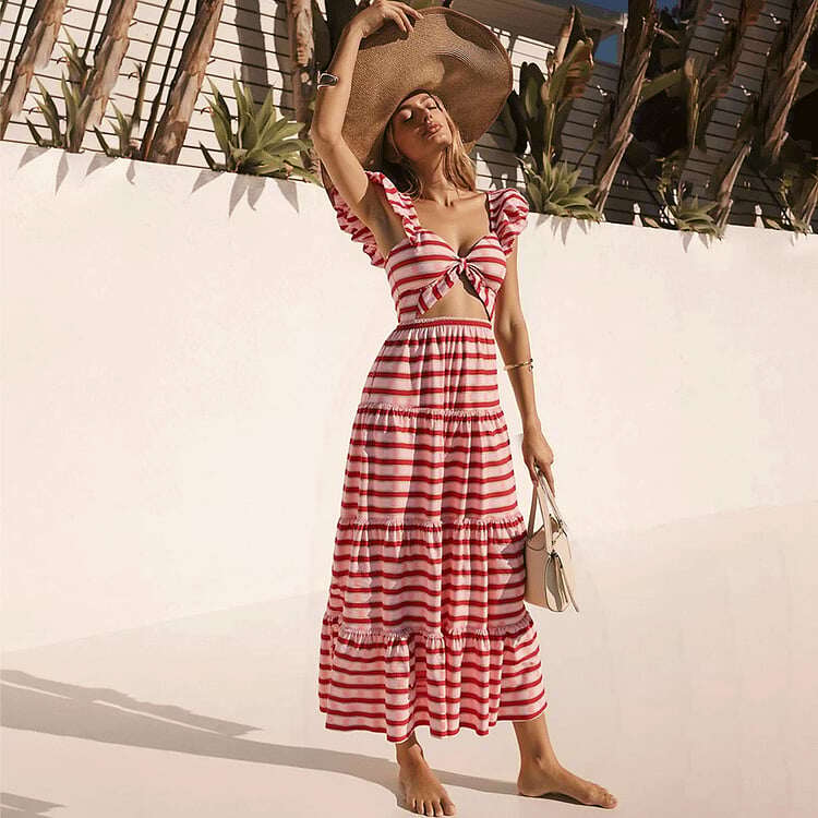 😍 Ruffle Red Striped Printed Cut Out One Piece and Skirt Swimsuit Set