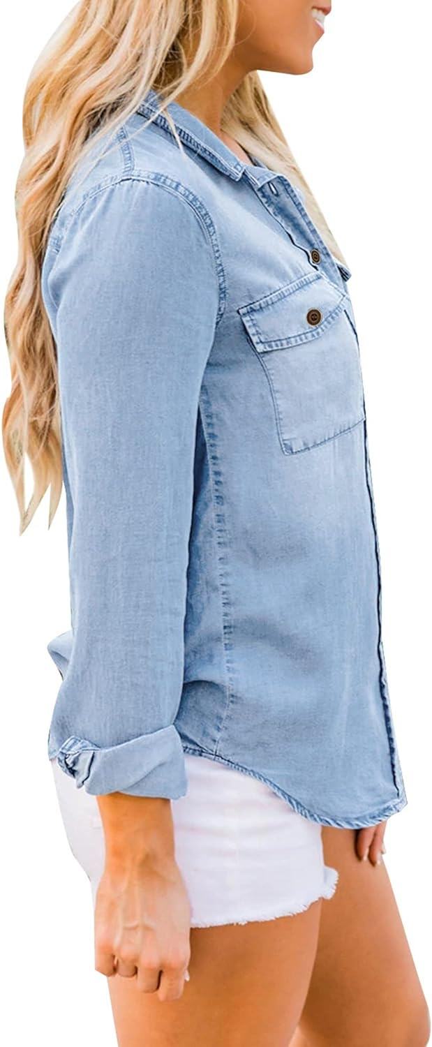 luvamia farmer ing Női Chambray Jean Western Shirts Hosszú ujjú gombos felsők