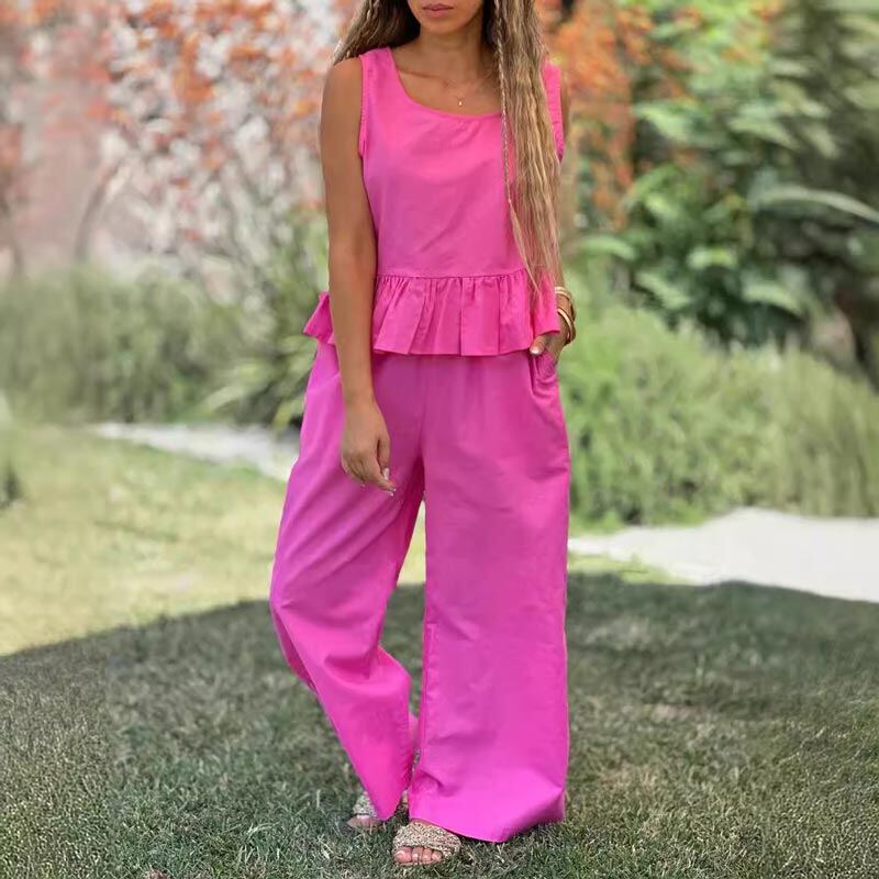 👗Conjunto feminino de duas peças sem mangas de algodão e linho de cor sólida