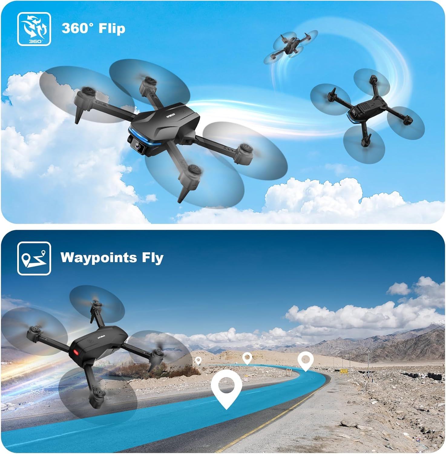 Drone com câmera 1080P HD FPV Drone dobrável para iniciantes e crianças, Quadcopter com controle de gestos de voz com estojo de transporte, decolagem/pouso com uma tecla, posicionamento de fluxo óptico, giro de 360°, voo de ponto de passagem