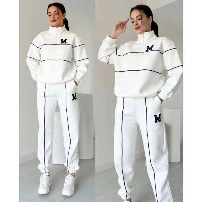 Conjunto casual feminino de duas peças, manga comprida, feito de puro algodão