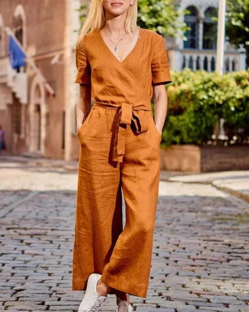 Short Sleeve Solid Color Lace-Up V Neck Soft Romper Jumpsuit