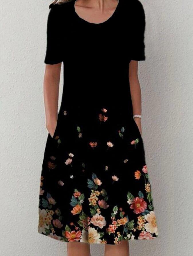 Vestido midi feminino primavera e verão com gola redonda estampado floral e bolso