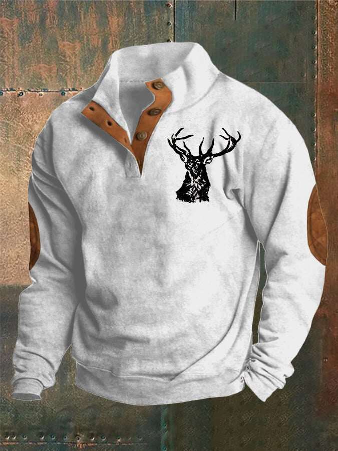 Moletom masculino estilo ocidental com gola alta e botão