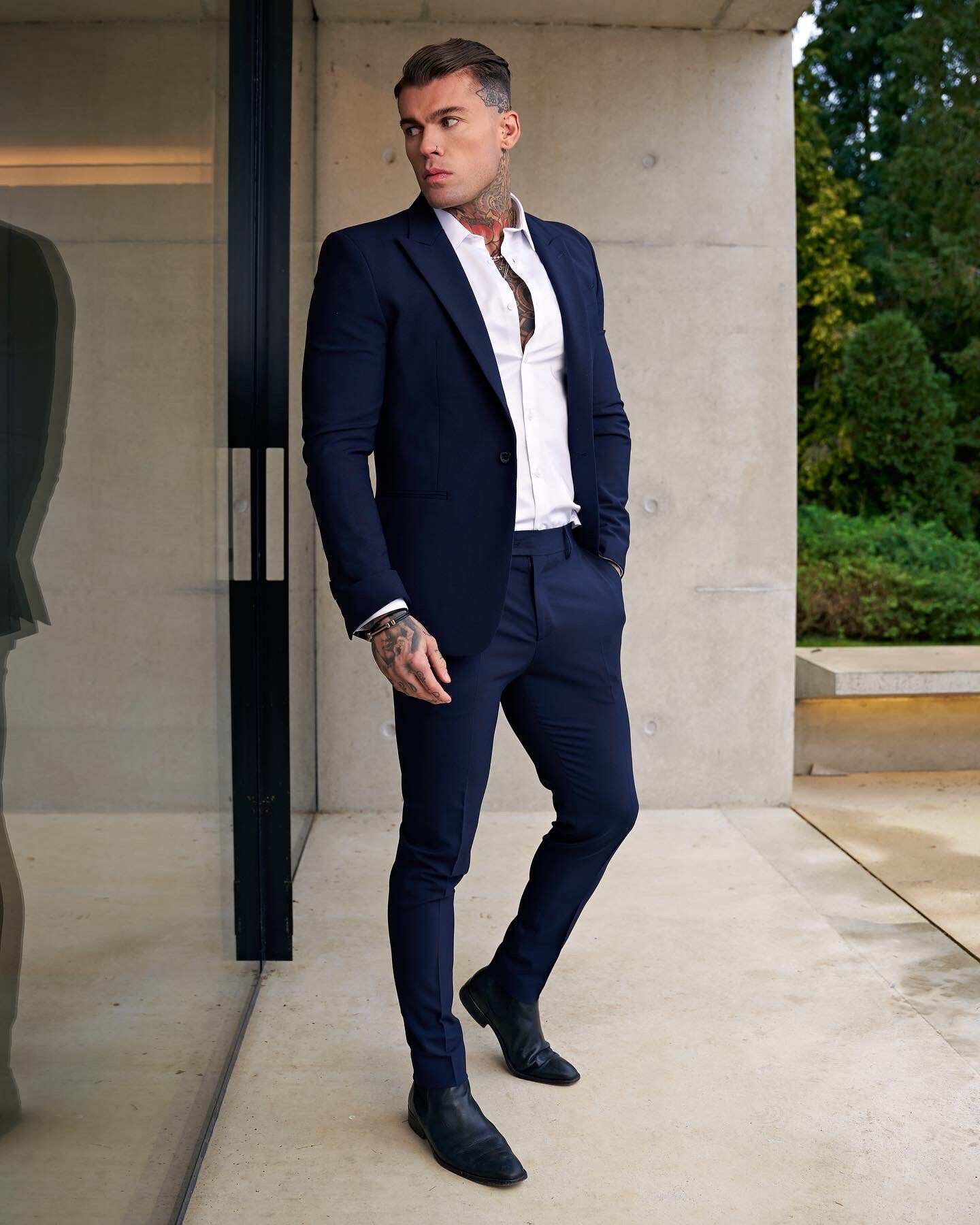 Father Sons Slim Formal Plain Navy Stretch Trousers - FST009