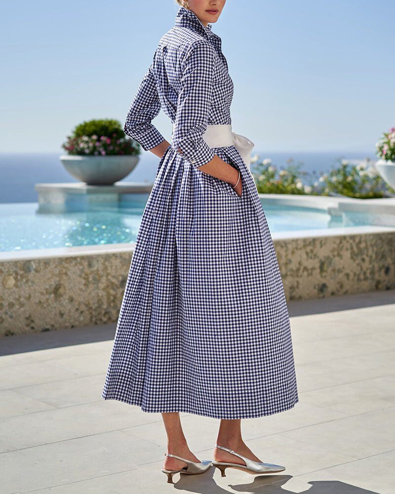 Мода 2022 кариран памук ленена рокля висока талия памук рокля с ревера