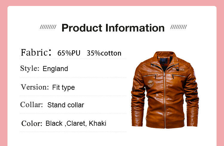 Jaqueta masculina de couro PU bordada com gola com zíper