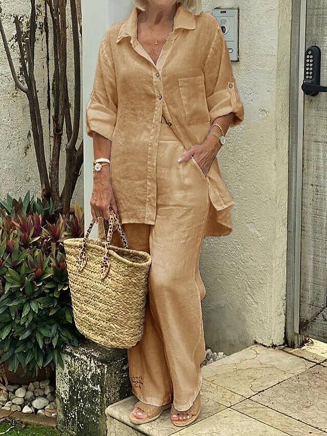 Camisa de lapela de cor sólida, top de algodão e linho e calças S-5XL