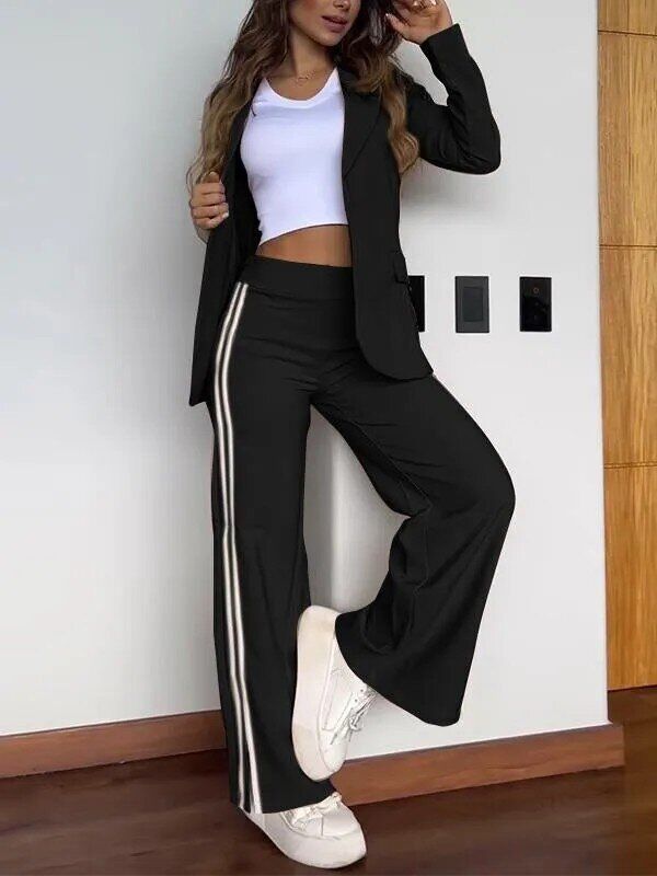 Terno de lapela feminino outono e inverno + calças largas conjunto de duas peças