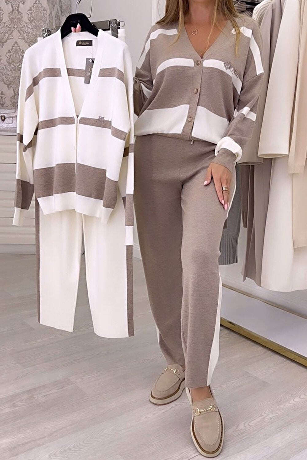 Suéter elegante de malha em cor contrastante, conjunto de duas peças
