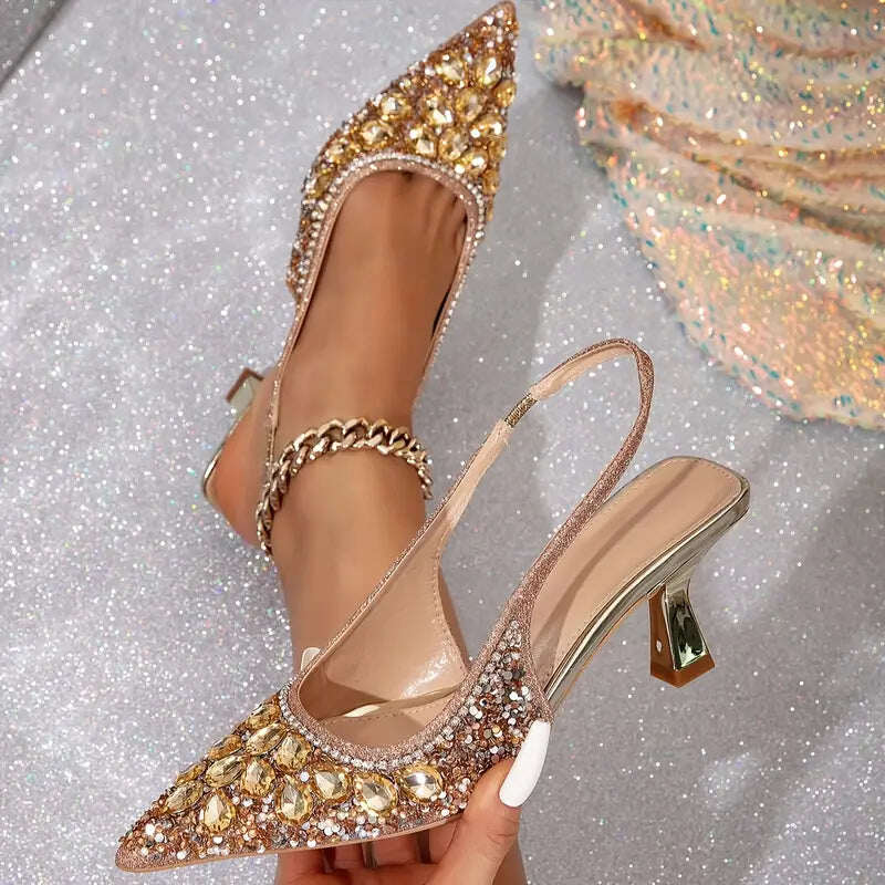 🔥 Dia 49% de desconto - Sapatos finos para banquete, salto alto com strass estilo europeu e americano