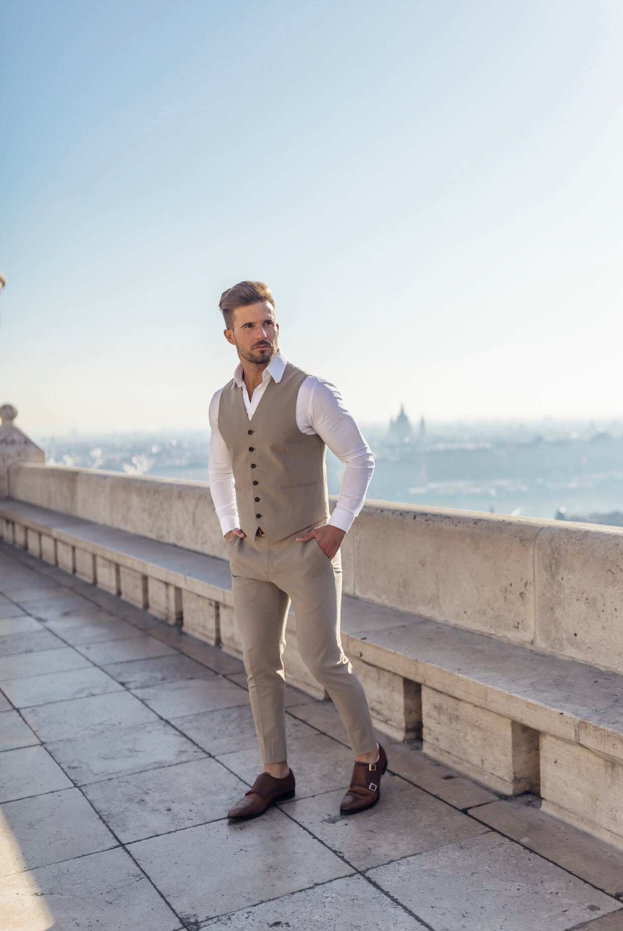 Father Sons Slim Formal Beige Stretch Trousers - FST003