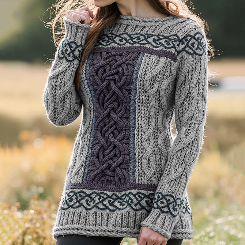 Női kelta csomó kontrasztos jacquard pulóver