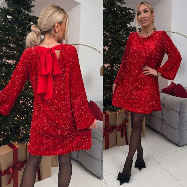 Vestido largo de lantejoulas com decote redondo e manga comprida