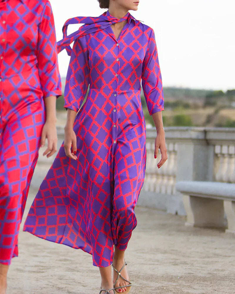 Vestido camisa com decote em V e manga 3/4