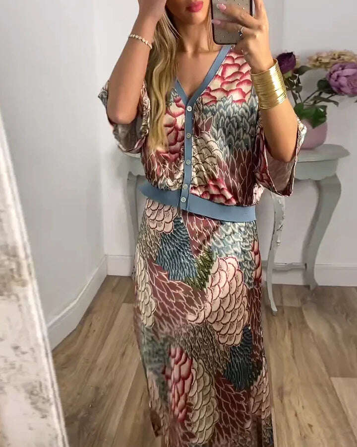 Conjunto elegante de blusa e saia com estampa de peixe e decote em V