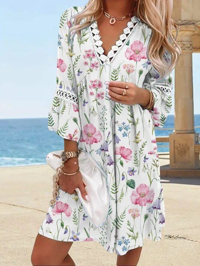 Novo vestido de verão com retalhos de renda estampado em algodão e linho