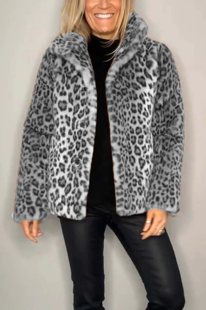 Casaco de inverno feminino elegante com lapela de leopardo e pele sintética