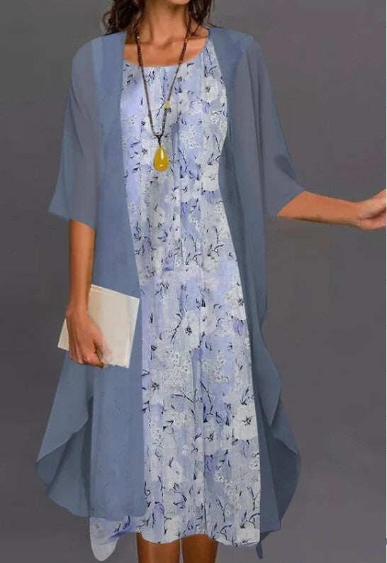 Elegante Vestidos Florais de Forma Regular de Pescoço da Tripulação, Two Piece