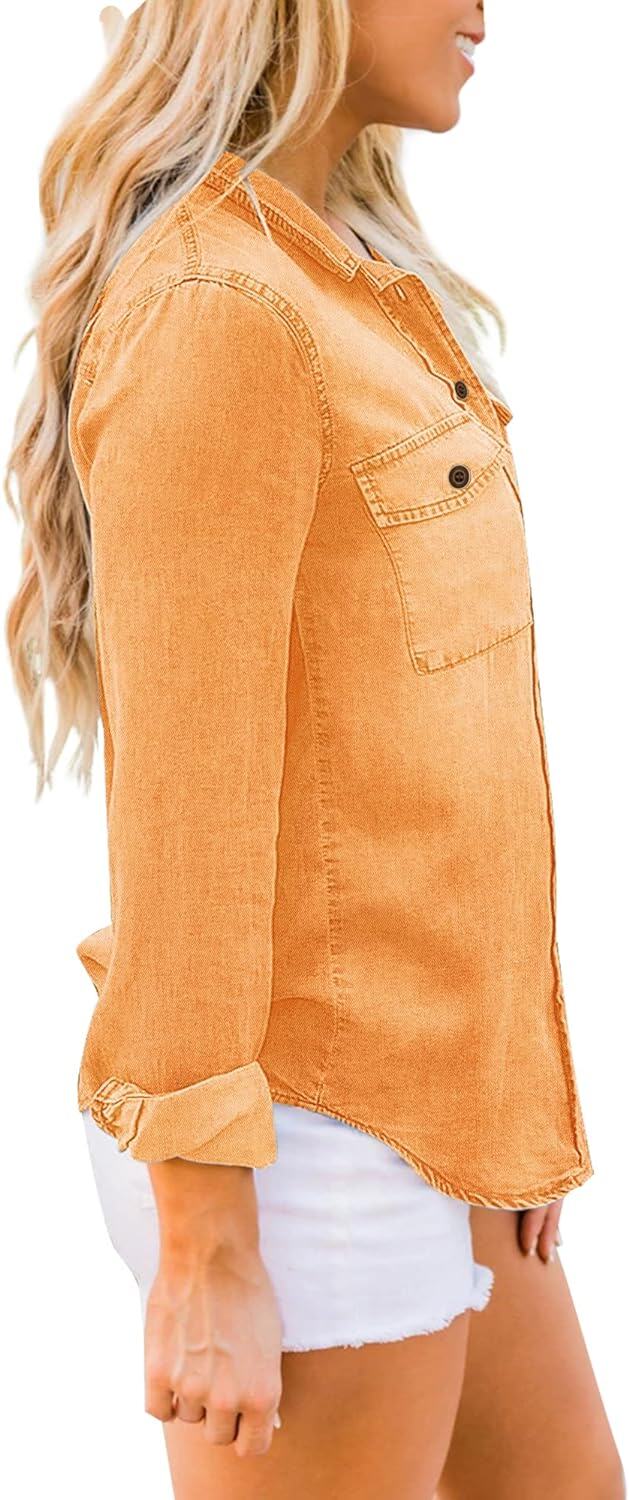 luvamia farmer ing Női Chambray Jean Western Shirts Hosszú ujjú gombos felsők