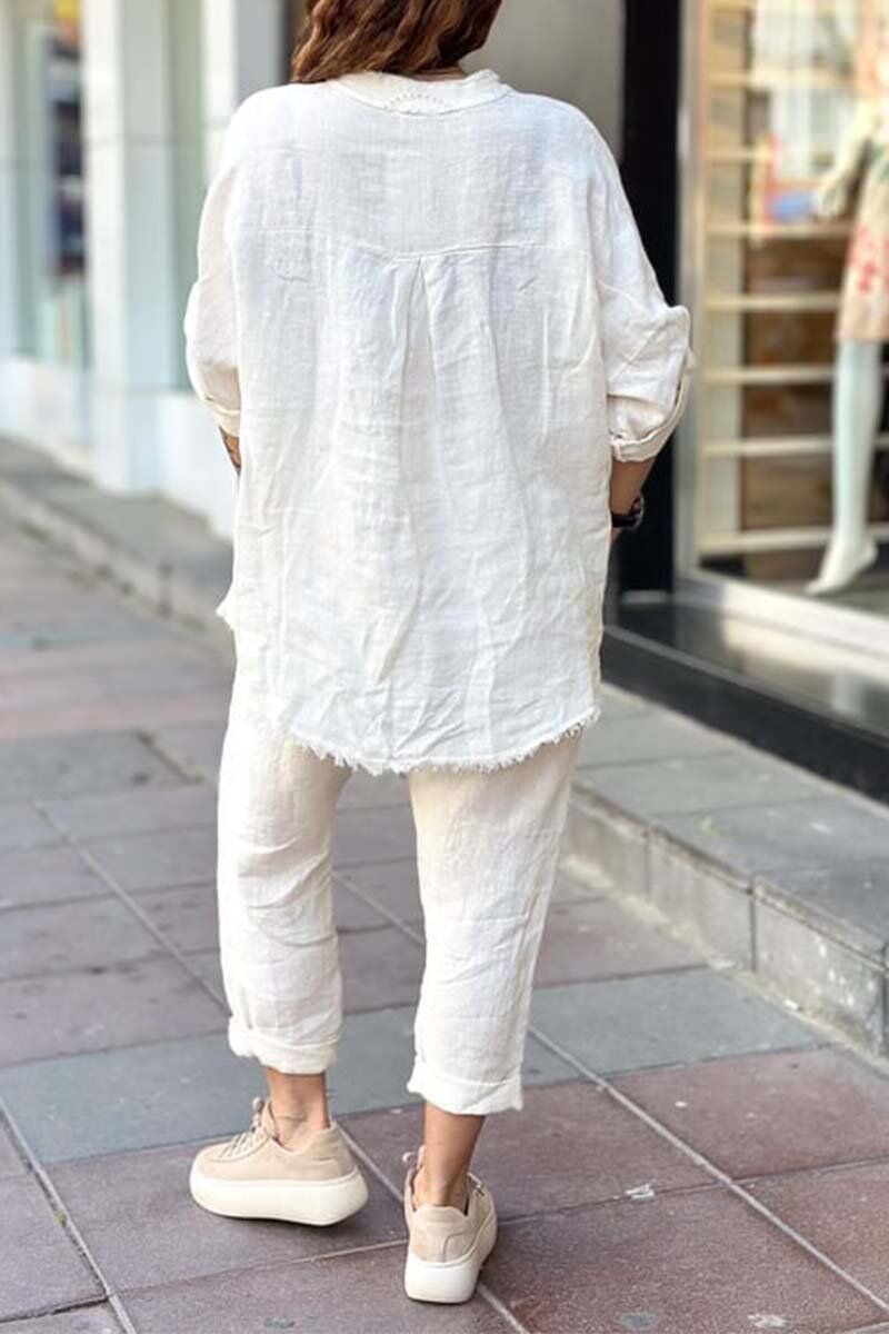 Conjunto blusa + calça dia feminino em algodão e linho
