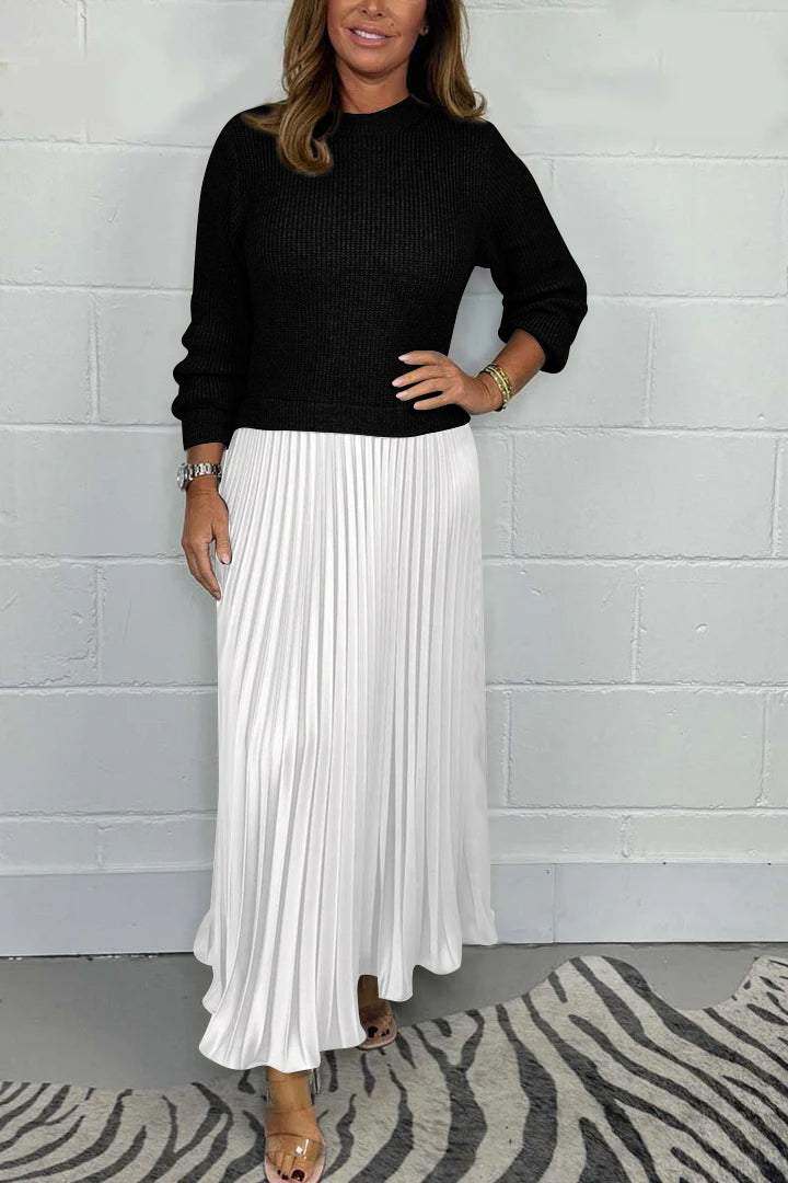 CONJUNTO DE DUAS PEÇAS DE SUÉTER DE MANGA COMPRIDA E VESTIDO PLISSADO FEMININO