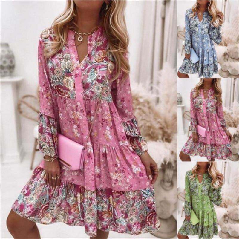 2024 Nova primavera e outono estilo floresta vestido com decote em V estampado manga sino com saia