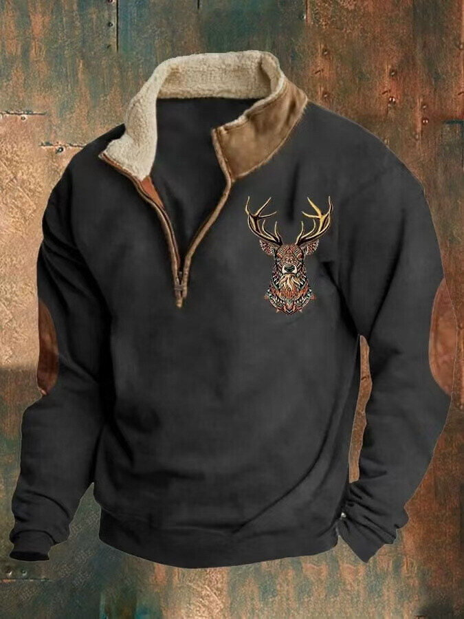 Pulôver masculino com gola alta estampada estilo ocidental e zíper
