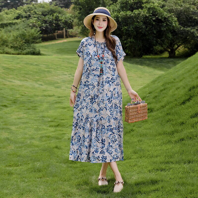 2024 novo vestido de seda de algodão plus size temperamento saia longa