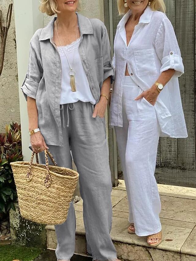 Camisa de lapela de cor sólida, top de algodão e linho e calças S-5XL