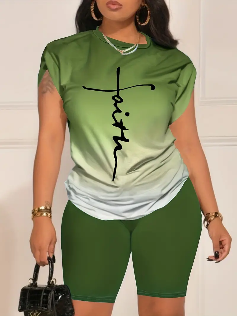 Conjunto casual de duas peças com estampa de letras laranja, gola redonda, manga curta