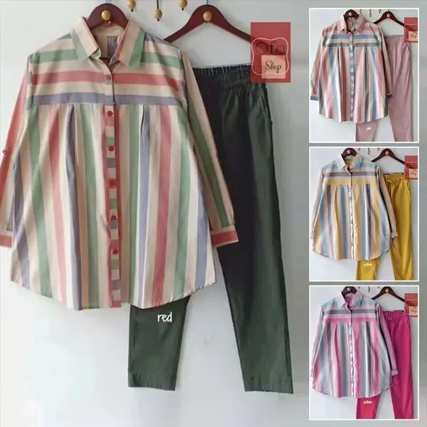 【S-4XL】Conjunto de 2 peças com listras coloridas de baixa saturação