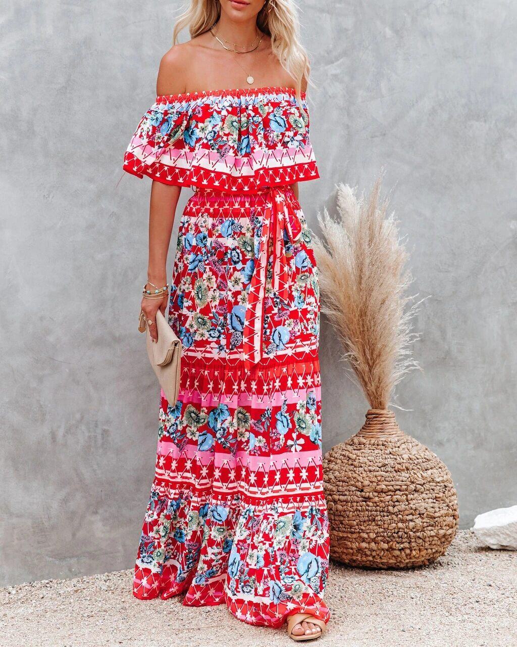 Novo vestido longo estampado de um ombro só