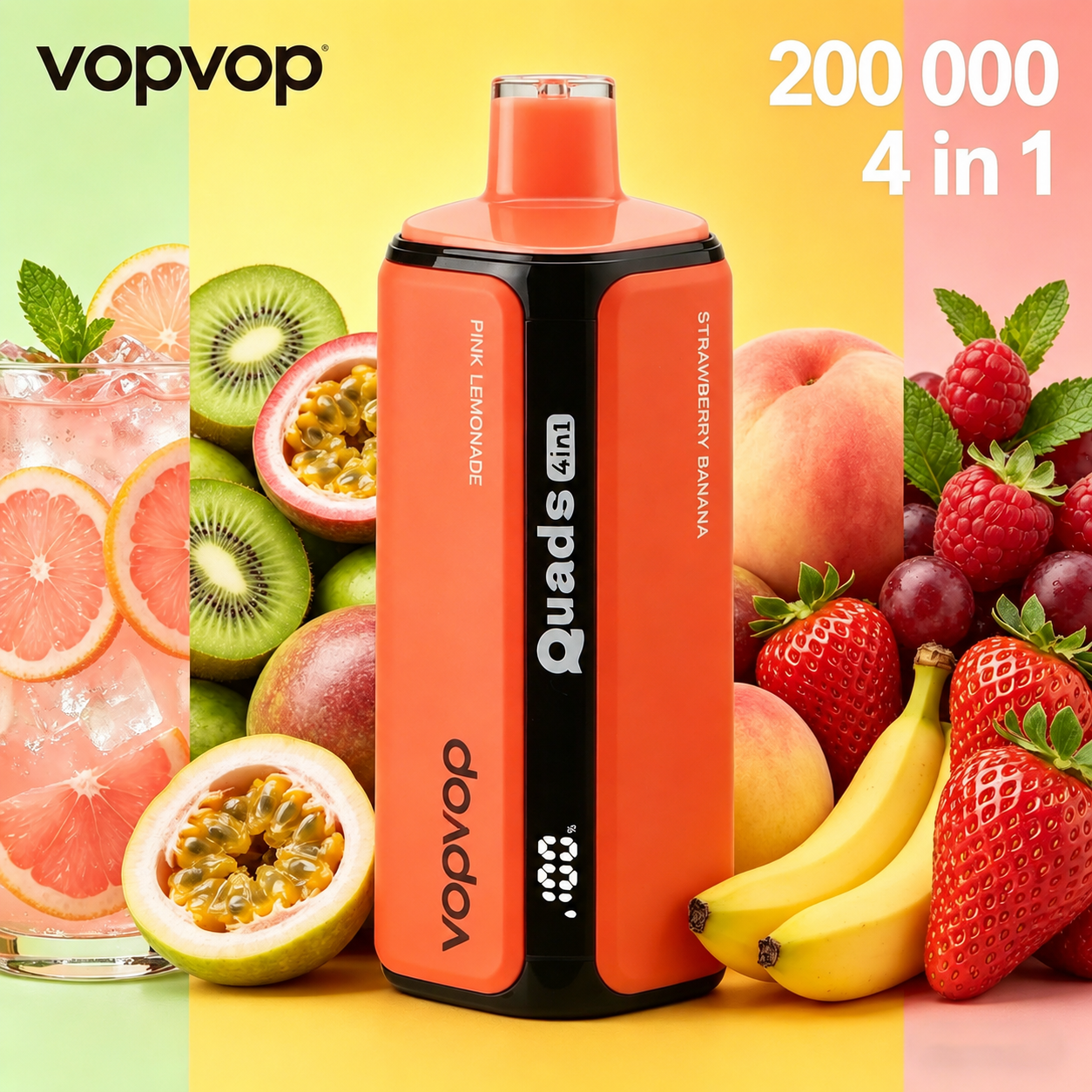 🚀 VOPVOP 200K – 200 000 slukkot bír ki | Négy íz egyben | Eldobható elektronikus cigaretta, nikotintartalom 0% / 2% / 5% • 10 íz