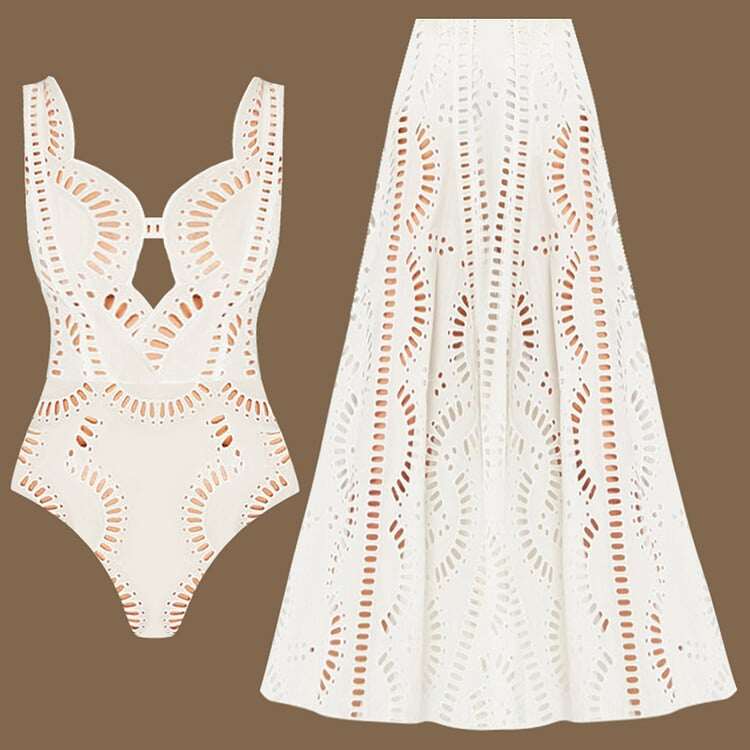 ✨ White Hollow One Piece Swimsuit Set 🩱