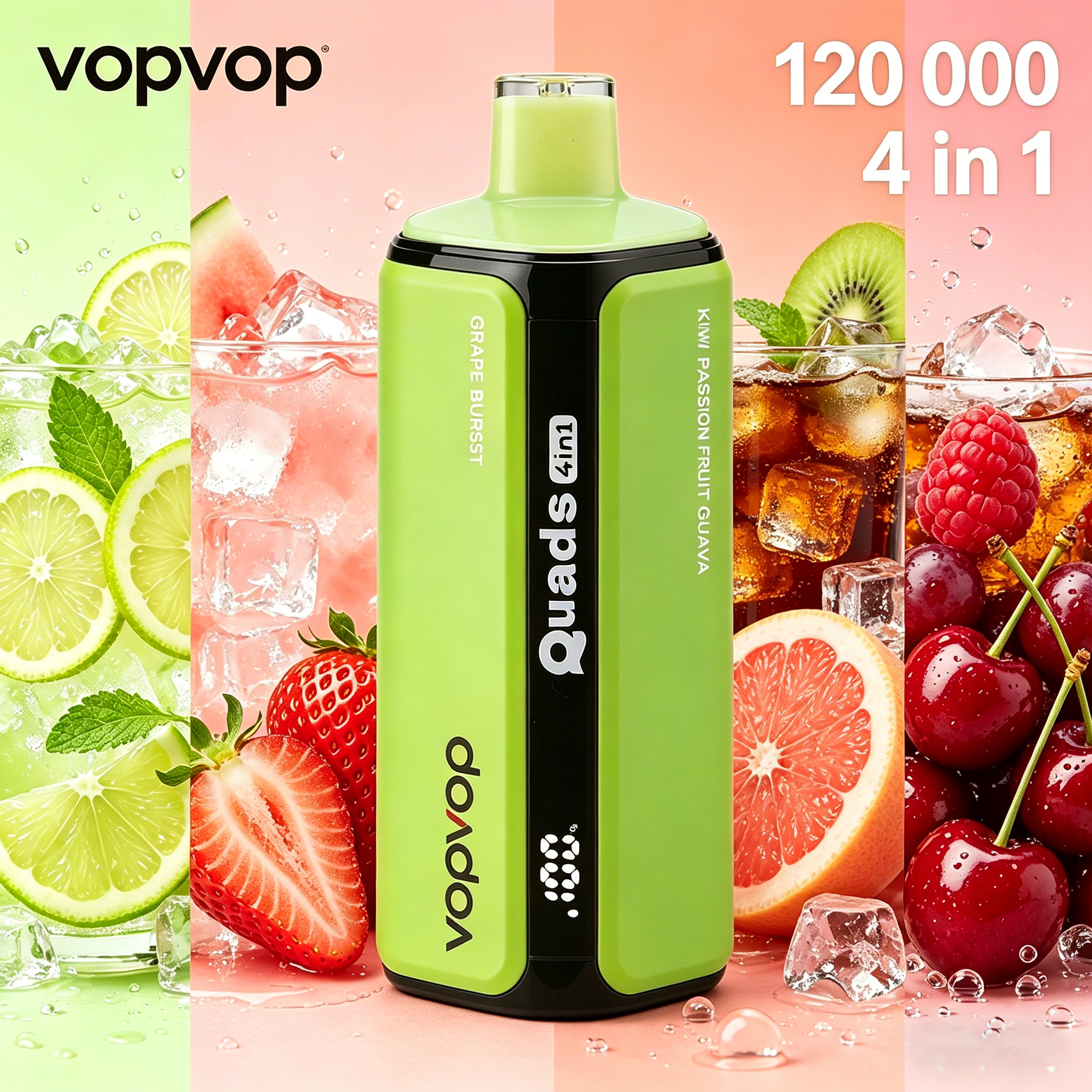 VOPVOP 120K – 120 000 slukkot bír ki | Négy íz egyben | Eldobható elektronikus cigaretta, nikotintartalom 0% / 2% / 5% • 10 íz